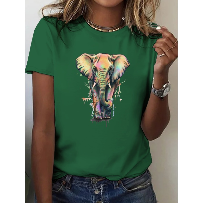 

Beautiful Elephant Print T-shirt, Short Sleeve Crew Neck Casual Top For Summer & Spring, Women's Clothing