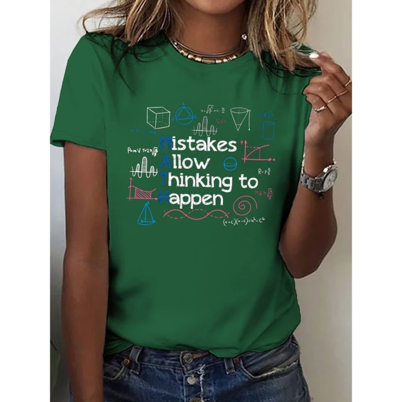 

Math Print T-shirt, Short Sleeve Crew Neck Casual Top For Summer & Spring, Women's Clothing