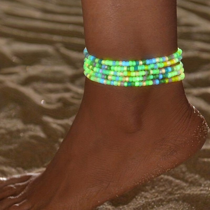 

5 Pcs Colorful Stackable Luminous Beaded Anklet Set With Mini Rice Beads Absorbing Ankle Bracelet Summer Beach Party Jewelry For Women