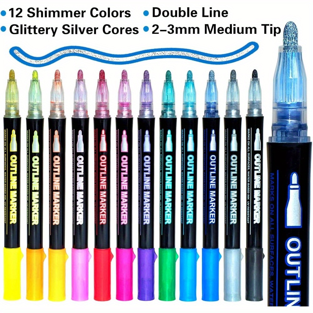 Penne a doppia linea 12 colori Contorno pennarelli metallici