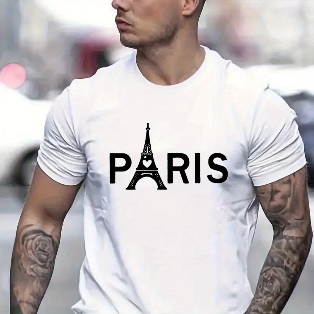 

Paris Print Men's Creative Top, Casual Short Sleeve Crew Neck T-shirt, Men's Clothing For Summer Outdoor