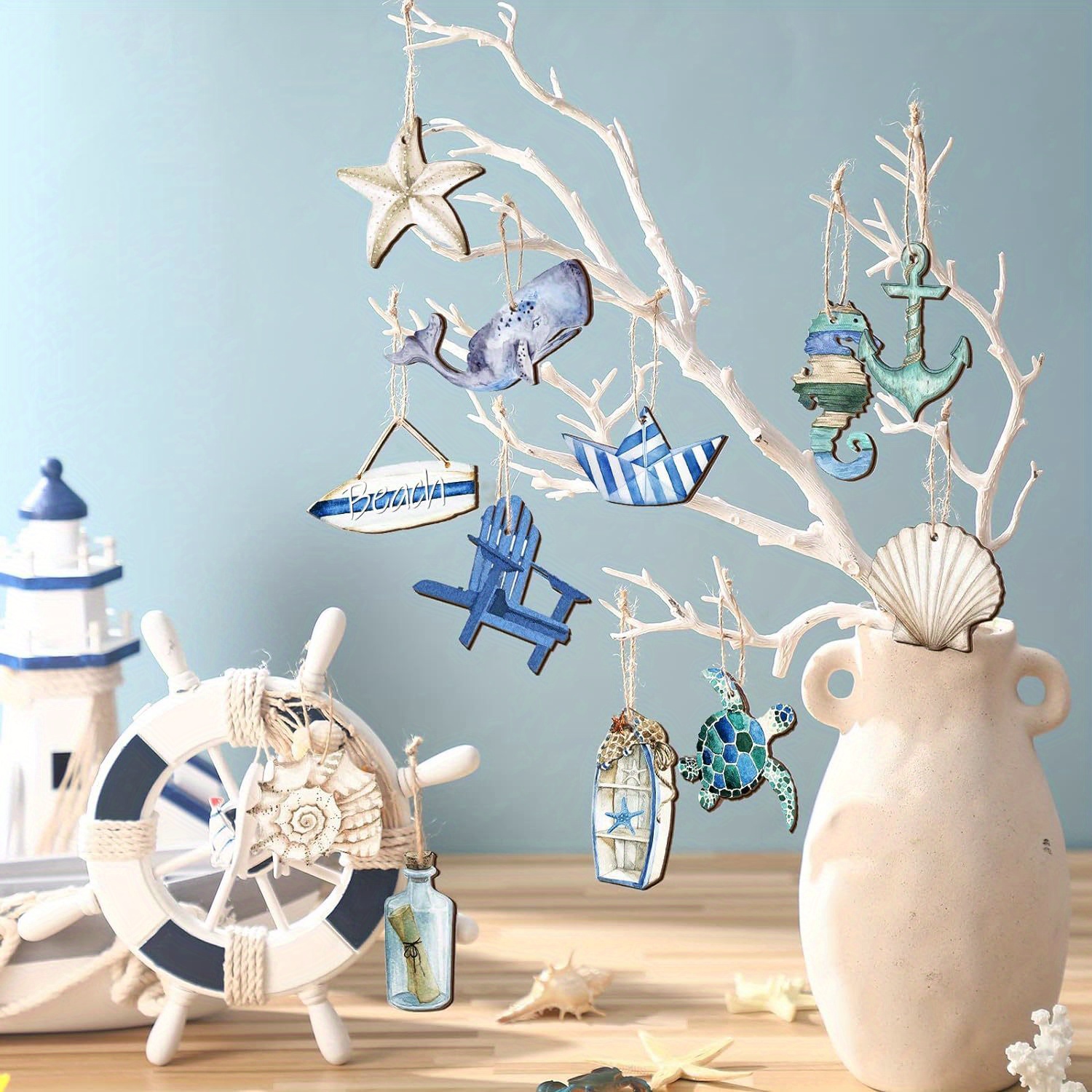 24pcs Wooden Nautical Ornaments Nautical Hanging Decorations Wood Beach  Tree Ornaments Miniature for Home Mini Anchor Life Ring Sea Star Sailboat  for