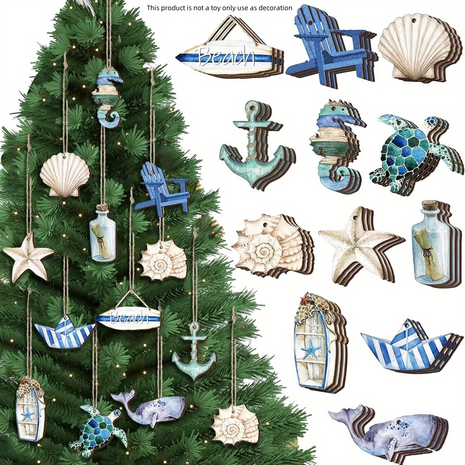 24pcs Wooden Ornaments Beach Tree Decor Ocean Themed Hanging Ornaments Sea  Life Decor Watercolor Anchor Starfish Seashell Turtle Seahorse Boat Wood Cu
