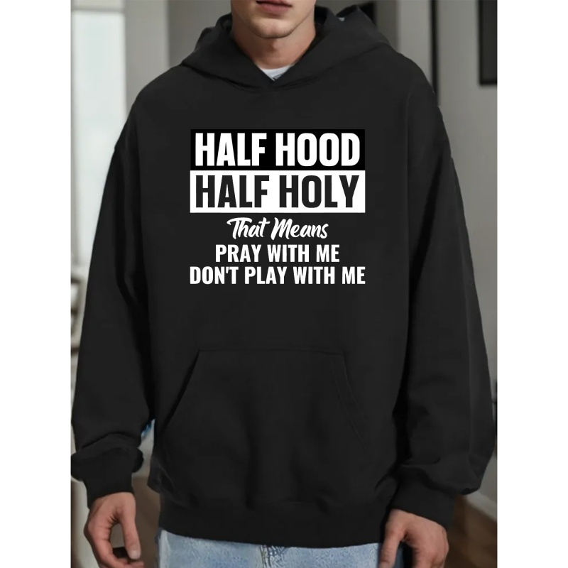 

Half Hood Half Holy Print Sweatshirt, Men's Fleece Long Sleeve Hoodies Street Casual Sports And Fashionable With Kangaroo Pocket, For Outdoor Sports, For Autumn Winter, Warm And Cozy