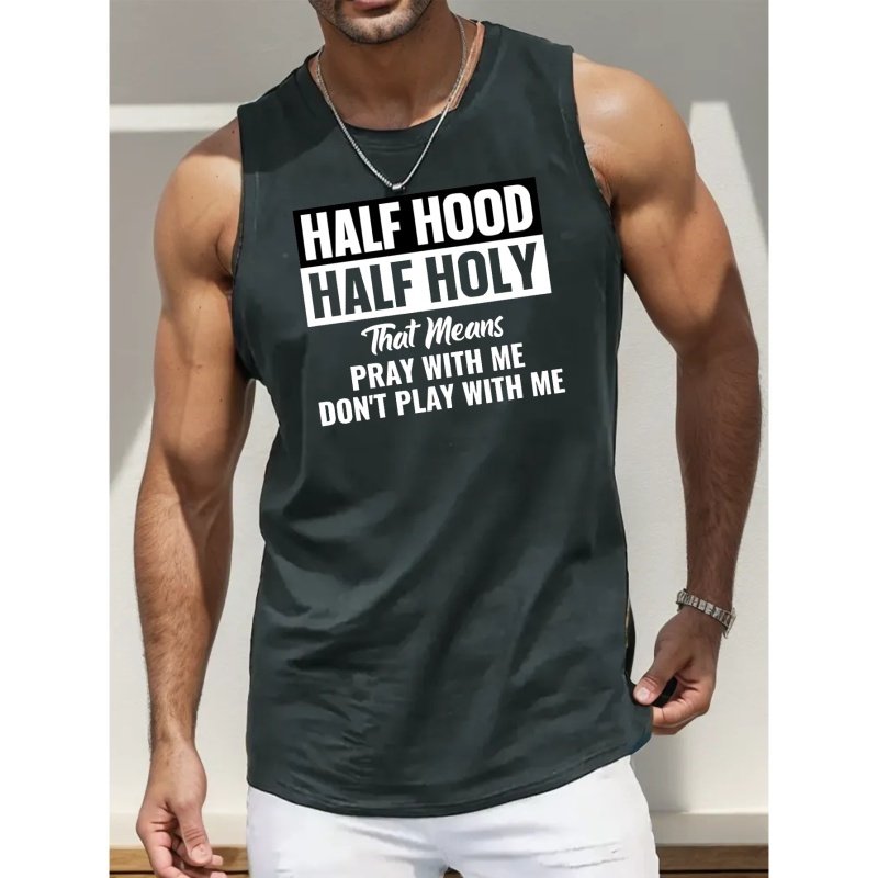 

Half Hood Half Print Sleeveless Tank Top, Men' Undershirts For Workout At