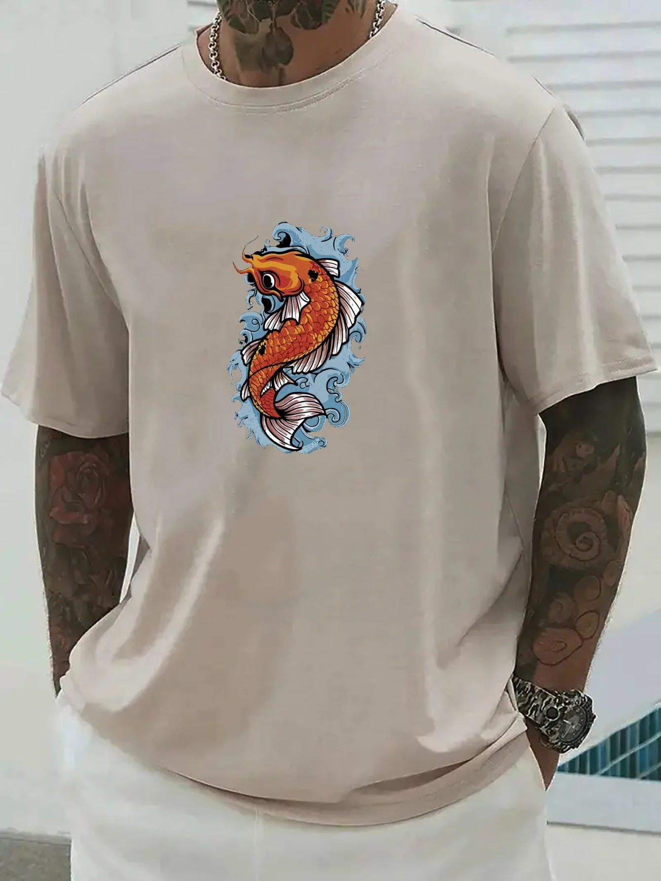 Japanese Men's T-shirt Cotton Blend Short Sleeve Koi Fish Print Casual Tee  Top