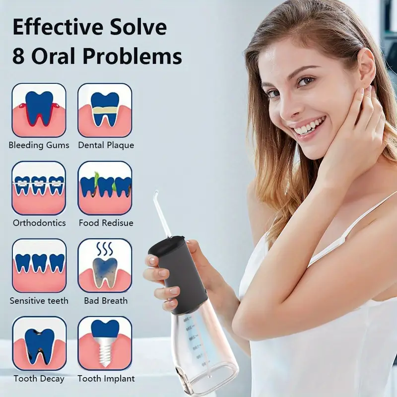 Water Dental Flosser Oral Irrigator With 4 Models, 11.83oz Cordless Water Teeth Cleaner Pick 4 Tips, IPX7 Waterproof Rechargeable Portable Powerful Battery, For Travel & Home Braces details 6