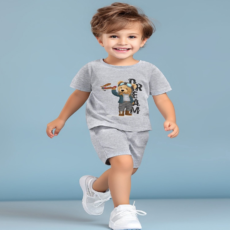 

2pcs Boy's Dream Letter & Cute Bear Playing Toys Print Casual Cotton Short-sleeve Outfit, Crew Neck T-shirt & Comfy Shorts Set, Kid's Clothes For Summer