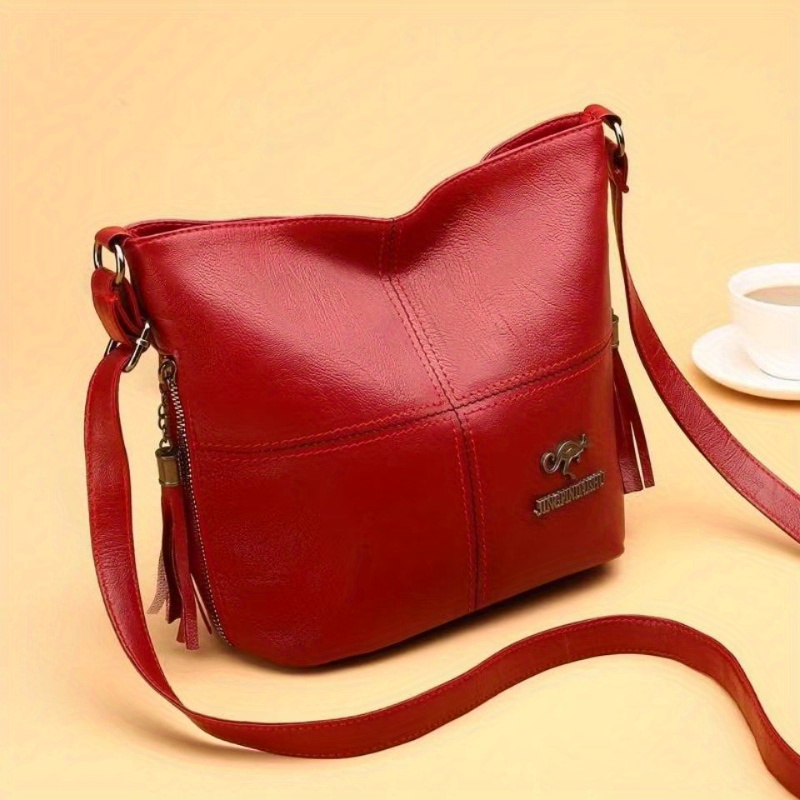 

Fashion Vegan Leather Bucket Bag, Simple Stitching Crossbody Bag, Solid Color Shoulder Purse For Women