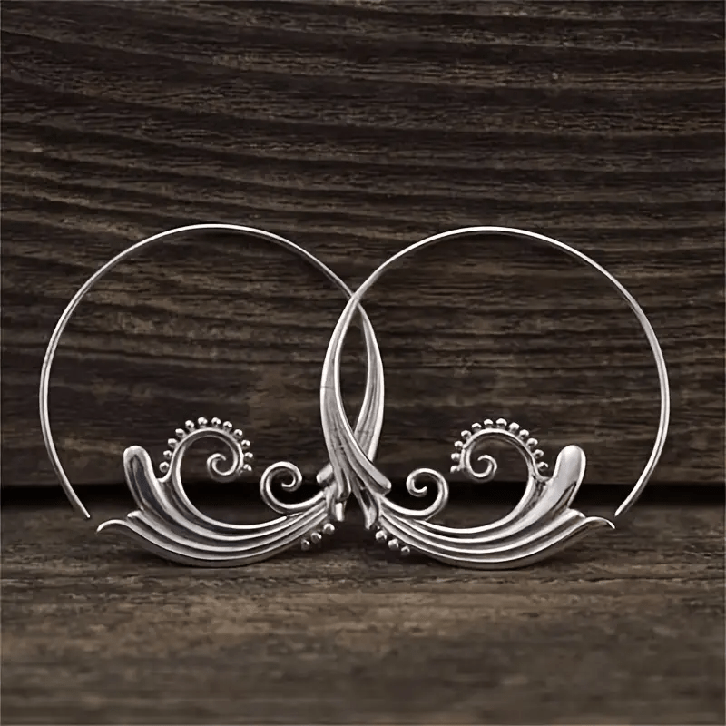 

Boucles D'oreilles Créoles En Forme De Vagues Sculptées, Style Ethnique, Vintage, Élégant, En Cuivre Plaqué Argent, Pour Un Usage Quotidien