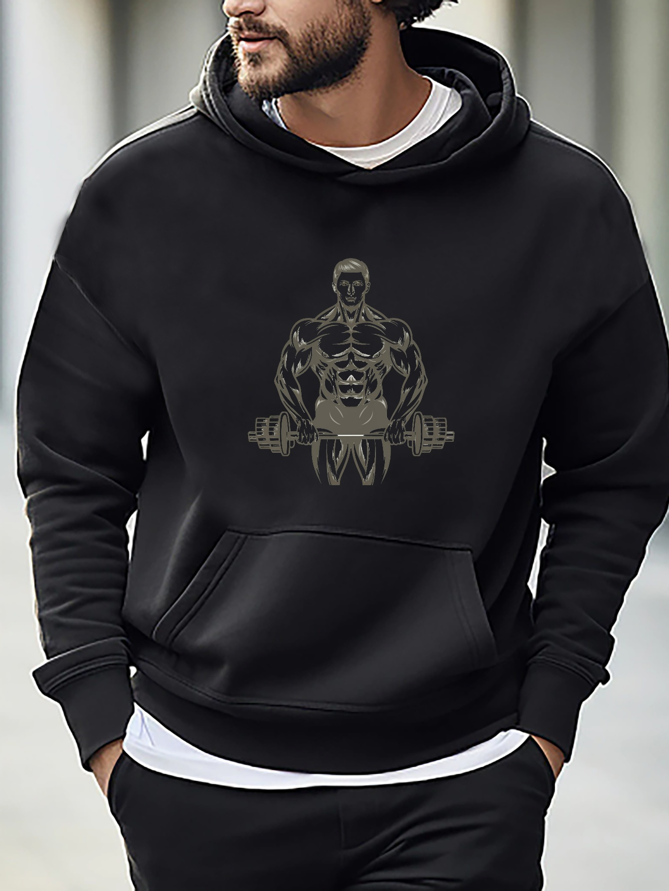 bodybuilder print kangaroo pocket hoodie casual long sleeve Temu