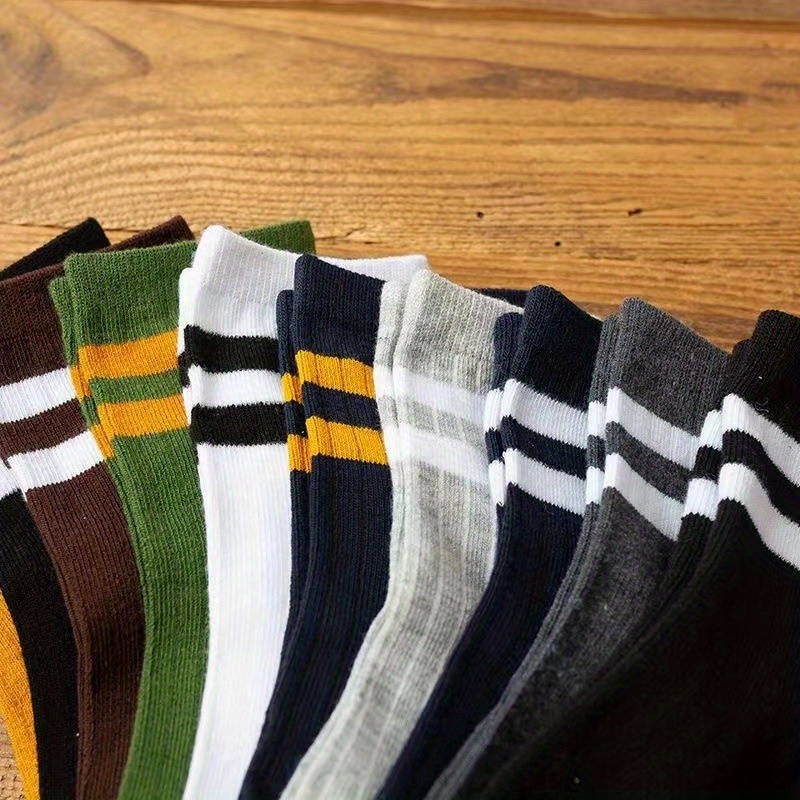 5 Pairs Men's Solid Striped Crew Socks Breathable Comfy Casual Unisex Socks