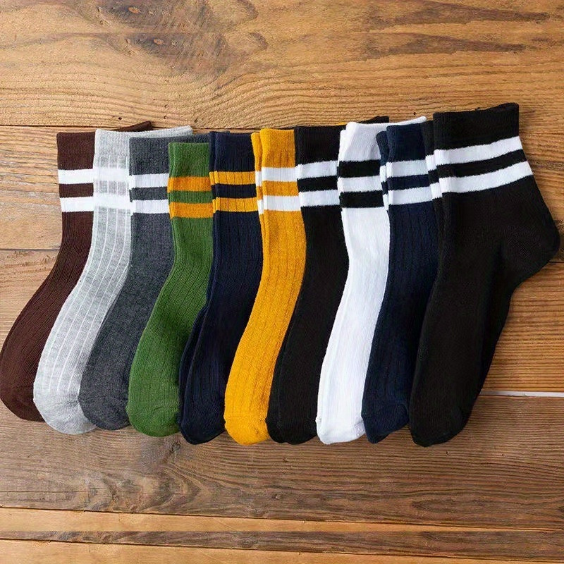5 Pairs Men's Solid Striped Crew Socks Breathable Comfy Casual Unisex Socks