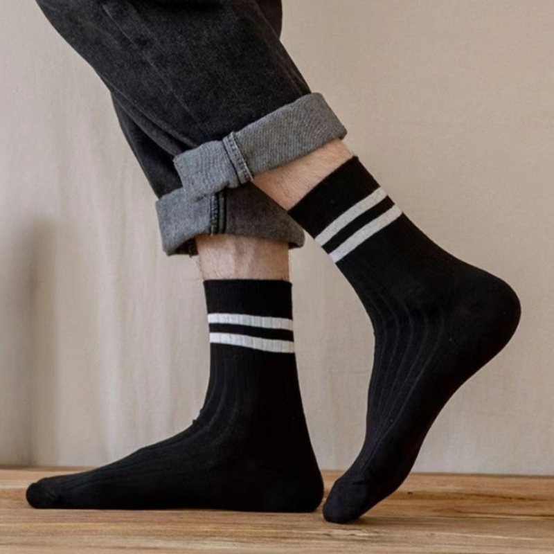 5 Pairs Men's Solid Striped Crew Socks Breathable Comfy Casual Unisex Socks