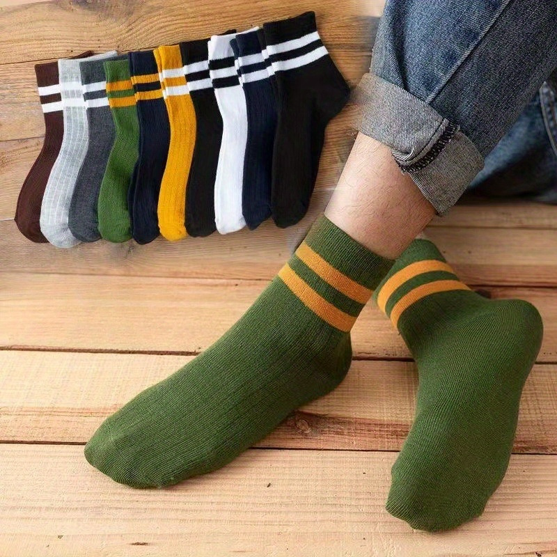 5 Pairs Men's Solid Striped Crew Socks Breathable Comfy Casual Unisex Socks