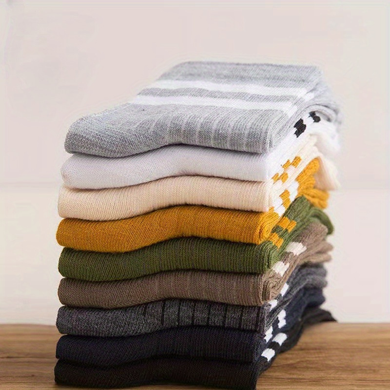 5 Pairs Men's Solid Striped Crew Socks Breathable Comfy Casual Unisex Socks