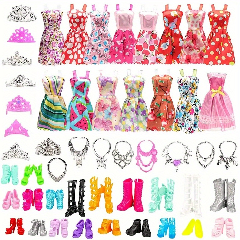 

34pcs Little Girl Princess Dolls Clothes And Accessories (10pcs Stylish Dresses +10 Pairs Of Shoes + 6pcs Necklaces +6pcs Crowns+2glasses) For 11"dolls Christmas Gift (no Doll)