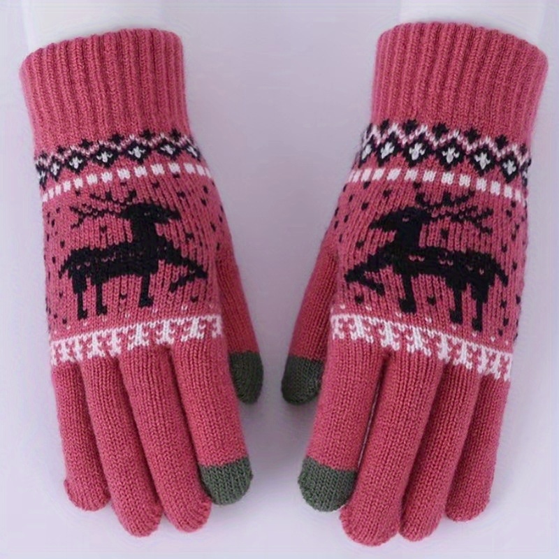 

Classic Deer Jacquard Knit Gloves, Short Thick Warm Touchscreen Gloves, Winter Coldproof Split Finger Gloves For Christmas Gifts