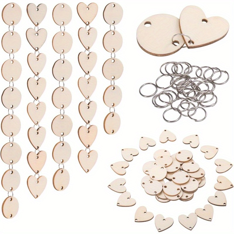 Image of 200pcs Wooden Circles With Holes Wooden Heart Tags And Iron Rings Wood Chips Home Decoration Pendants Suitable For Birthday Boards, Valentine's Day, Chore Boards, Arts And Crafts