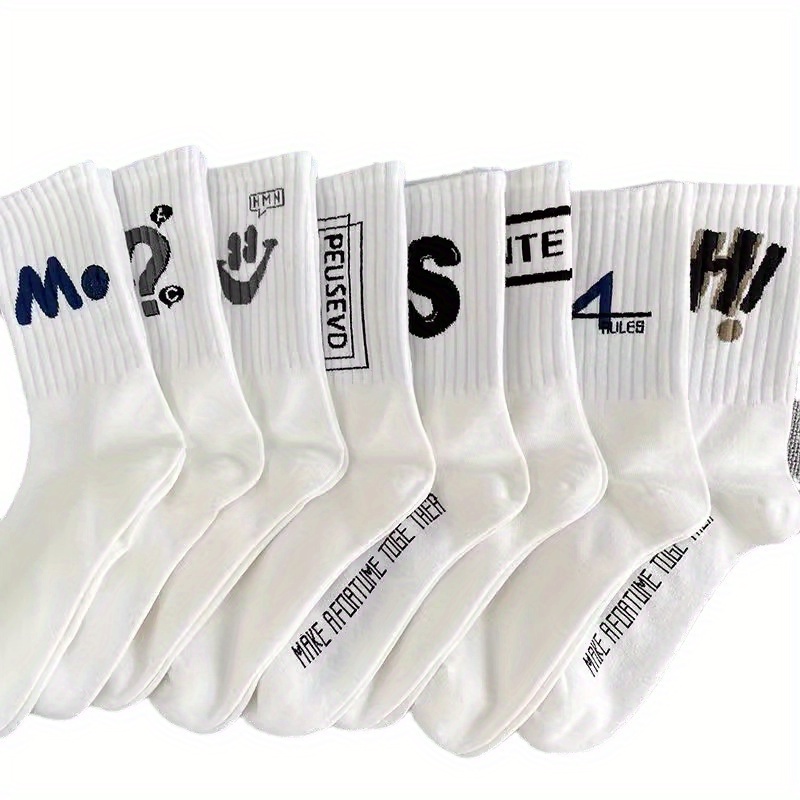 

2/5/8 Pairs Of Men's Trendy Creative Letter Pattern Crew Socks, Breathable Cotton Blend Comfy Casual Unisex Socks For Men's Outdoor Wearing All Seasons Wearing