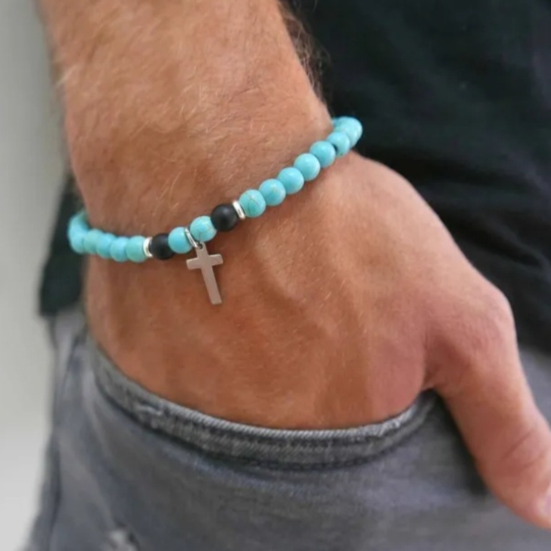

1pc Bohemian Turquoise Beaded Bracelet, Cross Pendant Elastic Bracelet For Men Women