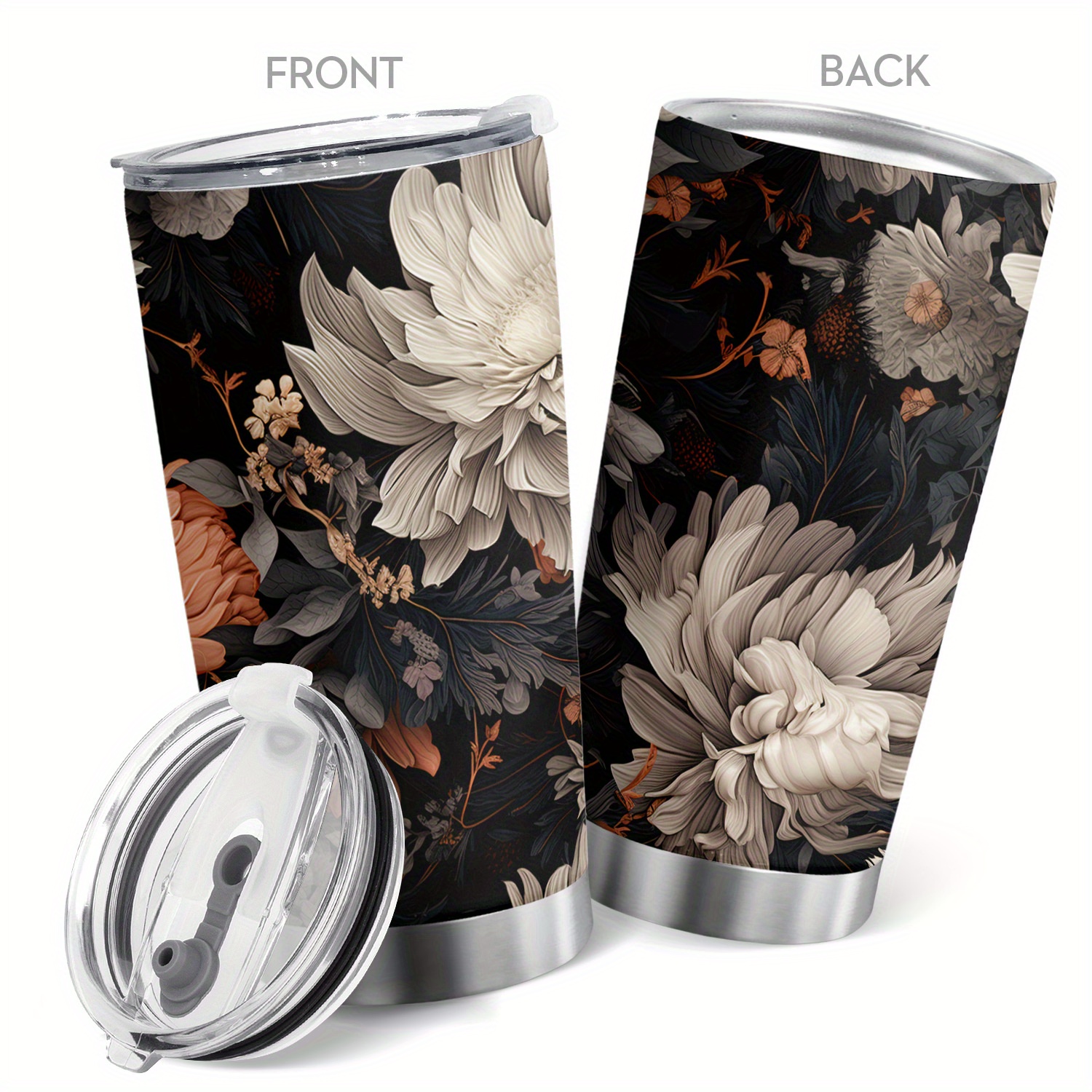 TEMU 1pc Flowers Of Travel Mug 20oz Tumbler Double Wall Vacuum Insulated Coffee Mug Black And White Flora Stainless Steel Coffee Cup