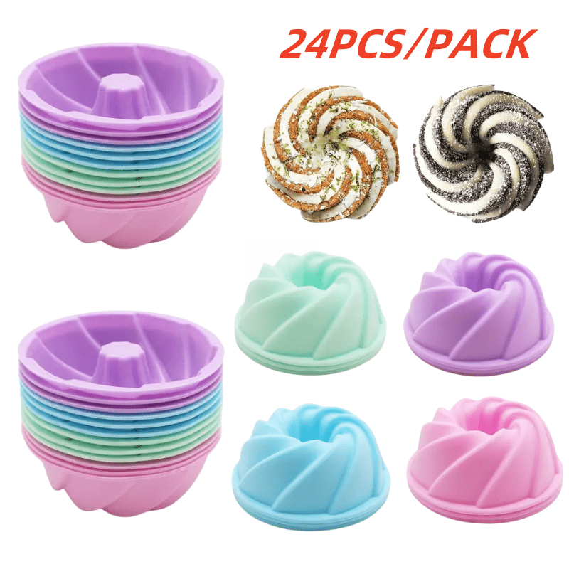 

12/24pcs, Silicone Mold, Non-stick Mini Fluted Cake Cups For Bakery, 2.5 Inches Spiral Silicone Molds, Heat Resistant Bakeware For Bagel, Muffin, Jelly And Cake Baking Eid Al-adha Mubarak