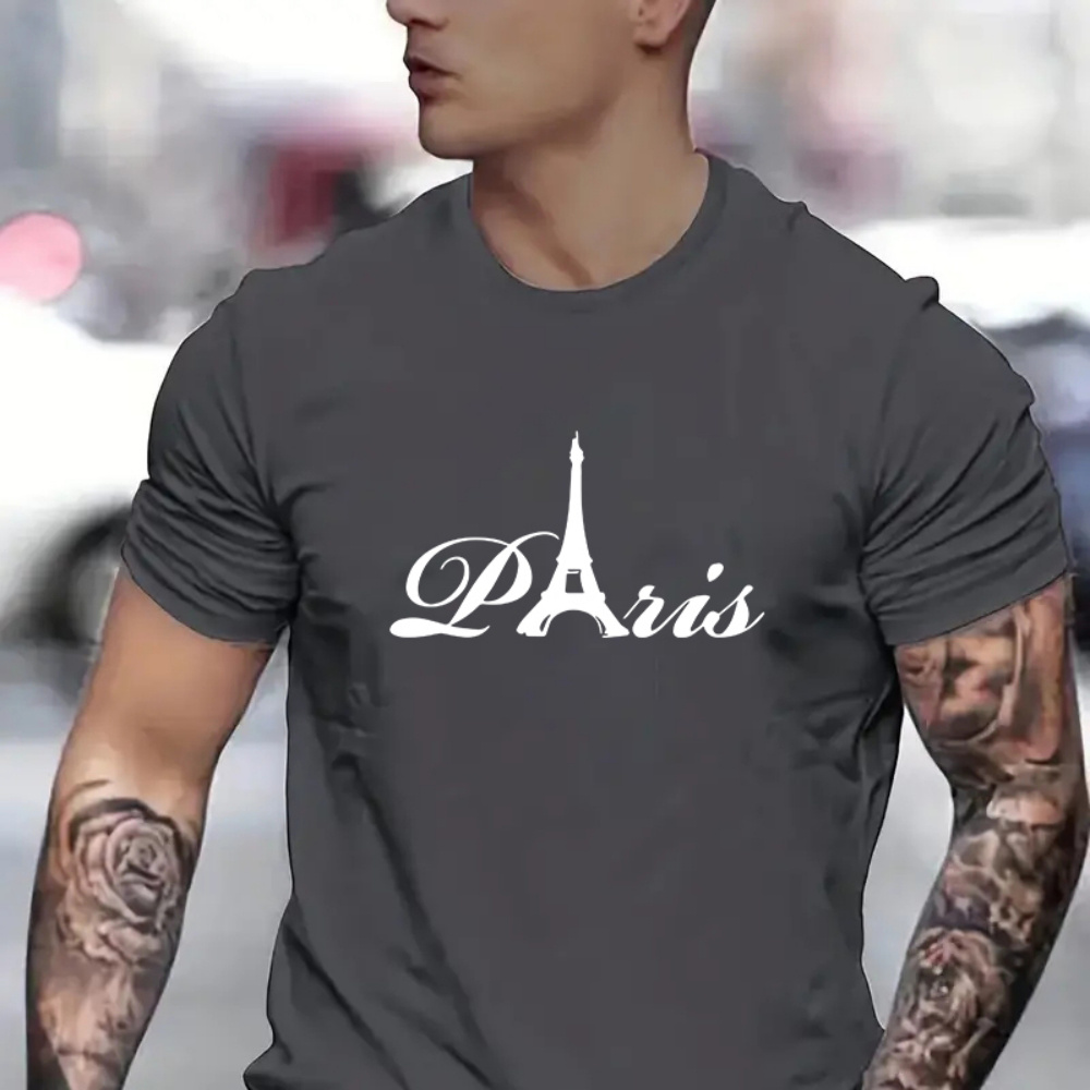 

Paris Print Men's Creative Top, Casual Short Sleeve Crew Neck T-shirt, Men's Clothing For Summer Outdoor