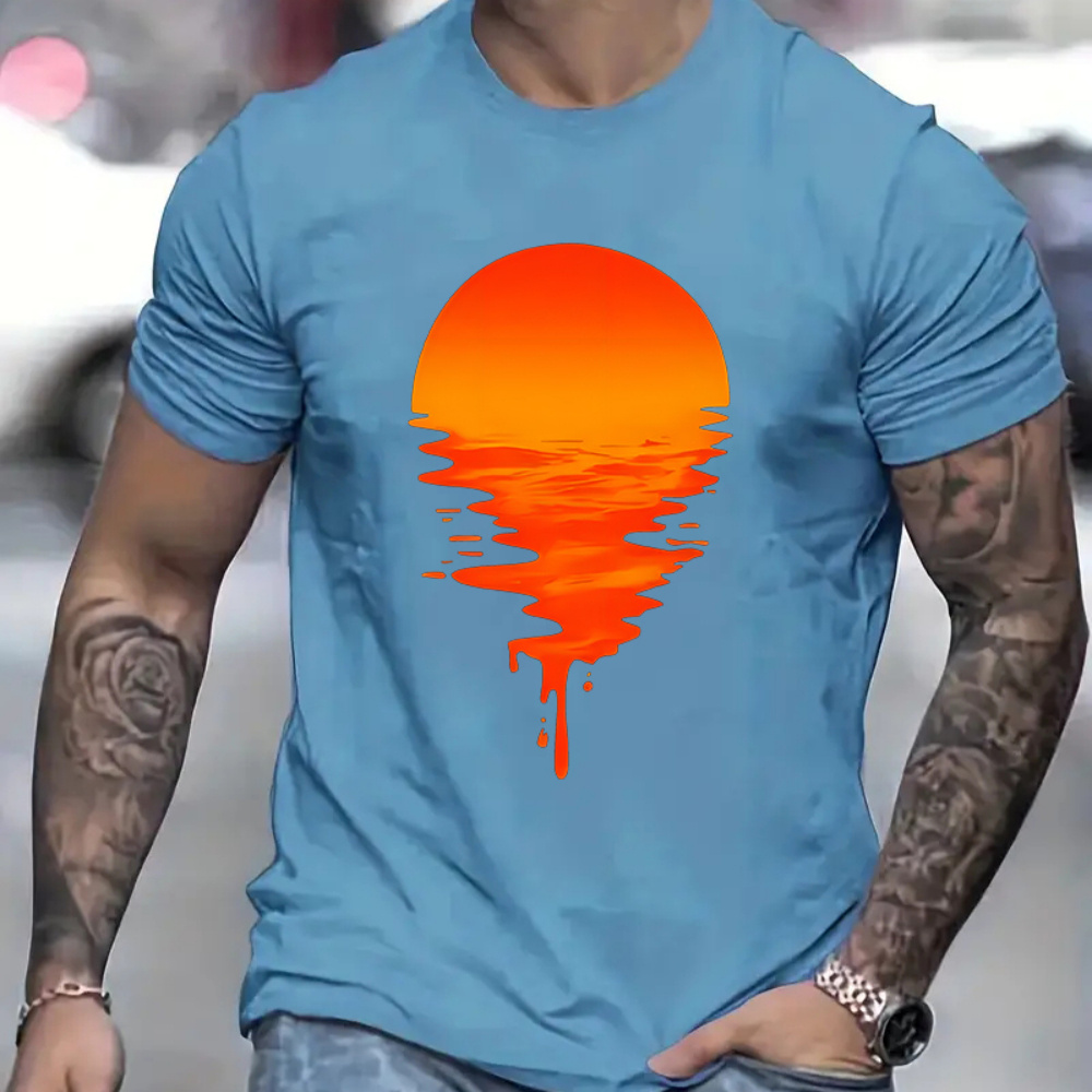 

Sunset Print Men's Creative Top, Casual Short Sleeve Crew Neck T-shirt, Men's Clothing For Summer Outdoor