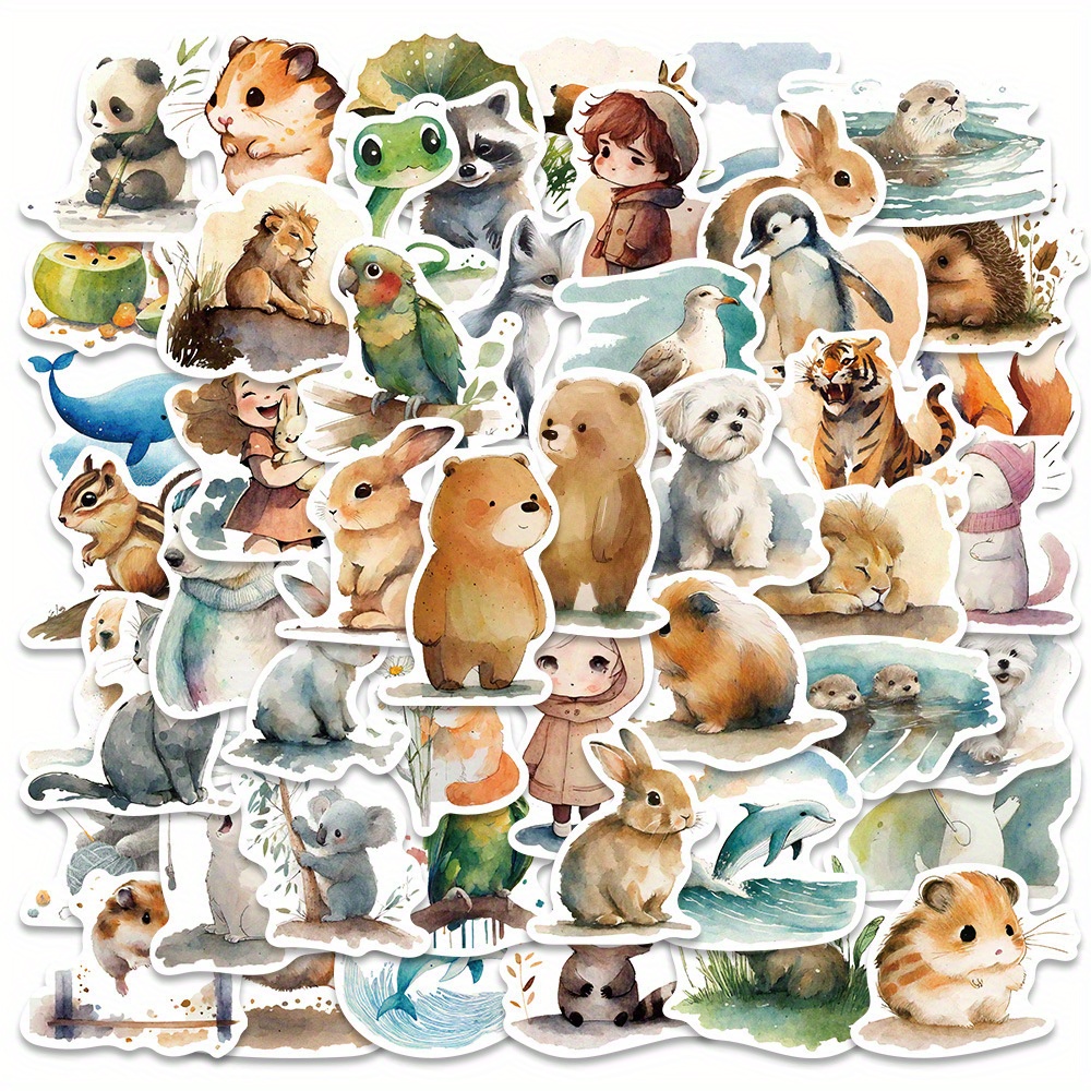 

50pcs Watercolor Illustration Stickers, Cartoon Cute Animal Stickers For Skateboards, Phones, Guitars, Motorcycles, Cars, Laptops, Vinyl Waterproof Stickers, Water Bottles, Easter Party Supplies