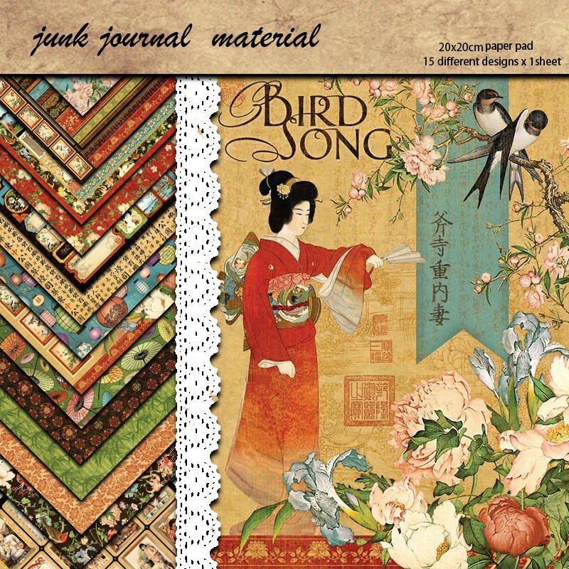 15sheets Large Size Retro Japanese Pictorial Material Paper Retro Journal Decoration Tools Student Stationery Arts Crafts