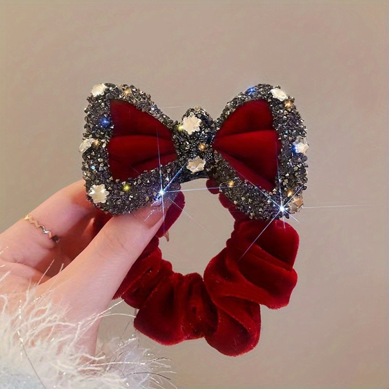 Image of Single-piece Luxury Sparkling Full Rhinestone Hair Rope - Elegant Bowtie Hair Accessory Suitable For Weddings, & Daily Wear - Ring For &