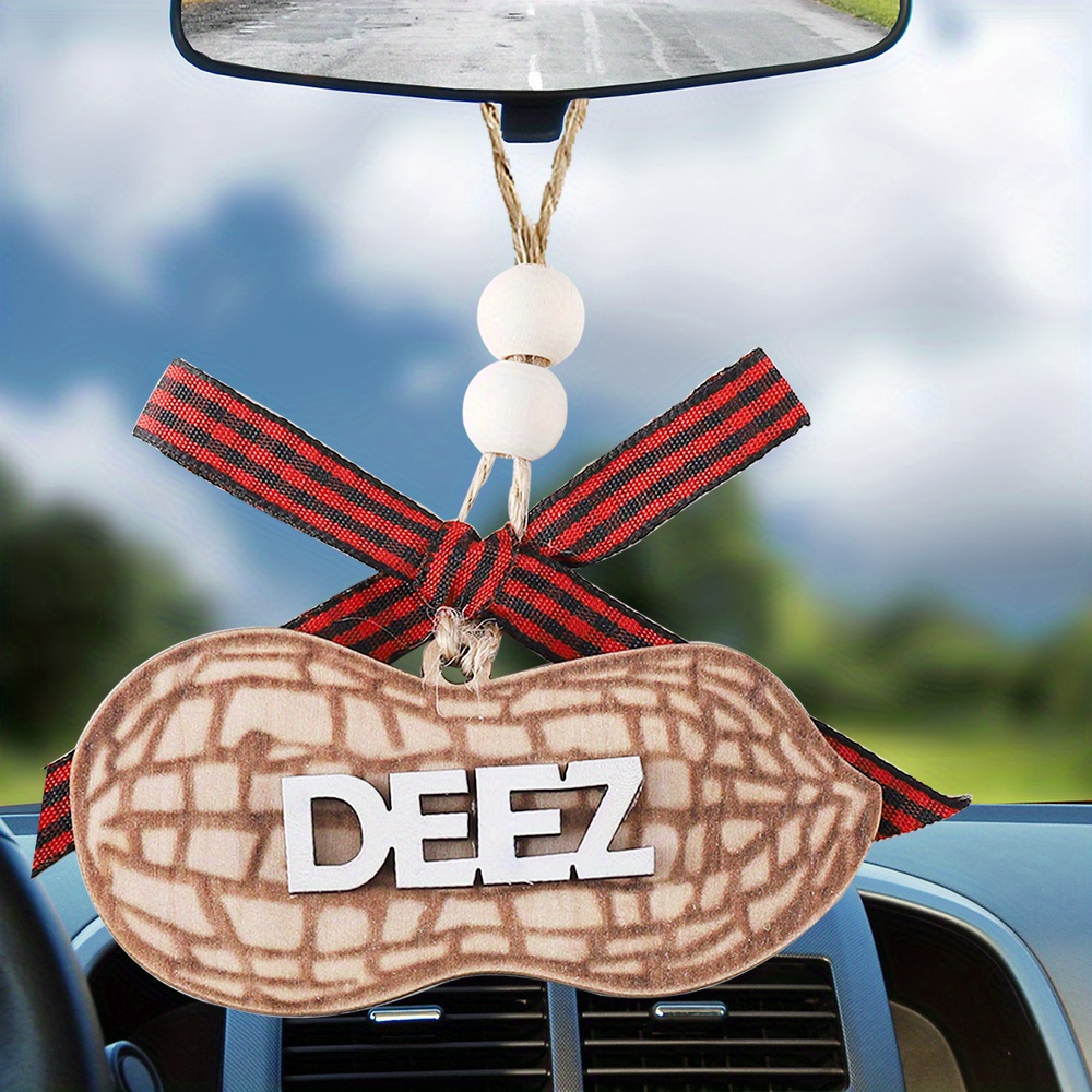 

1pcs Carved Wood Nuts Hanging Ornament - Humorous Adult-themed Peanut Design Rearview Mirror Decoration, Two-layer Engraved Wooden Car Accessory With Bow Lanyard