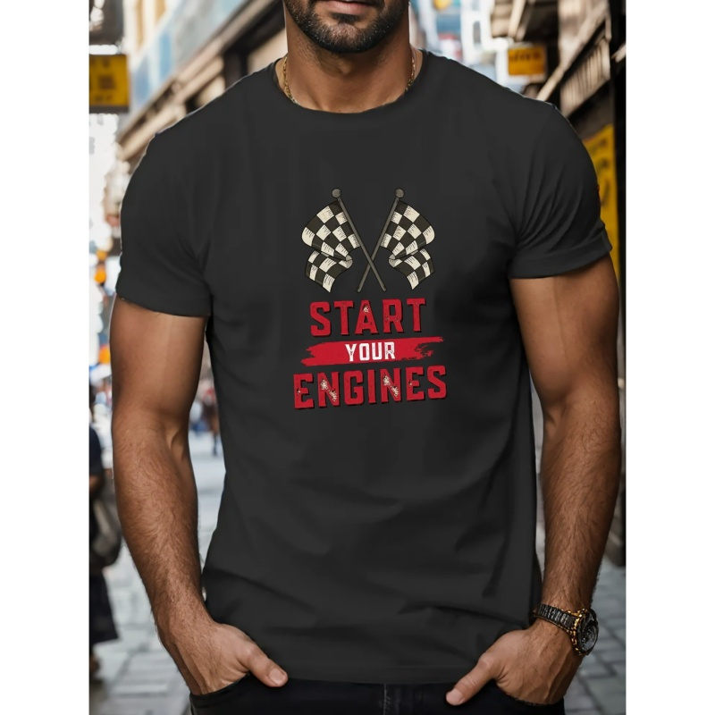 

Start Your Engines Print T Shirt, Tees For Men, Casual Short Sleeve T-shirt For Summer