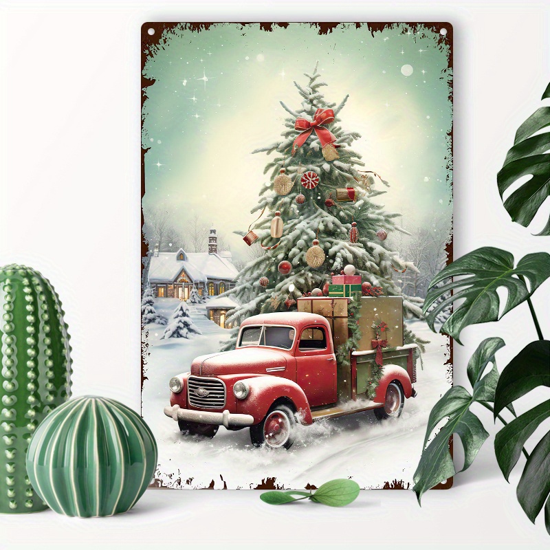 

1pc 8x12inch (20x30cm) Aluminum Sign Metal Tin Sign Christmas Merry Aluminium Tin Sign Vintage Christmas Red Truck Wall Decor Sign Retro Metal Sign Decorations