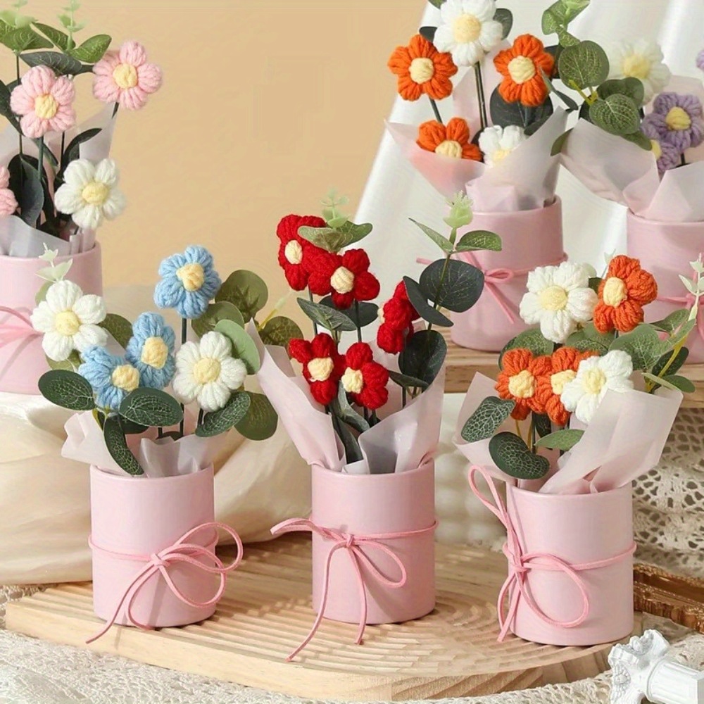 

1pc Colorful Crochet Flowers Home Decoration Handmade Knitted Artifiical Folwer Bouquet With Bucket Artificial Flower Potted Plant Mother's Day
