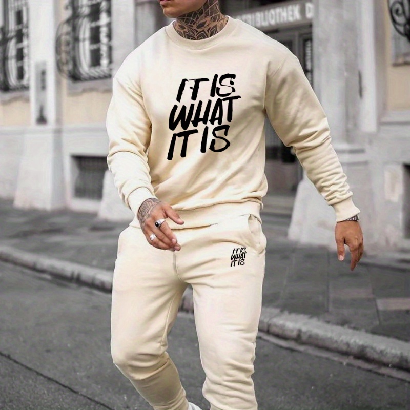 

It Is What It Is Print Men's 2pcs Outfits Casual Crew Neck Long Sleeve T-shirt Sweatshirt & Drawstring Sweatpants Joggers Set For Winter Fall Men's Sweatsuit Clothing
