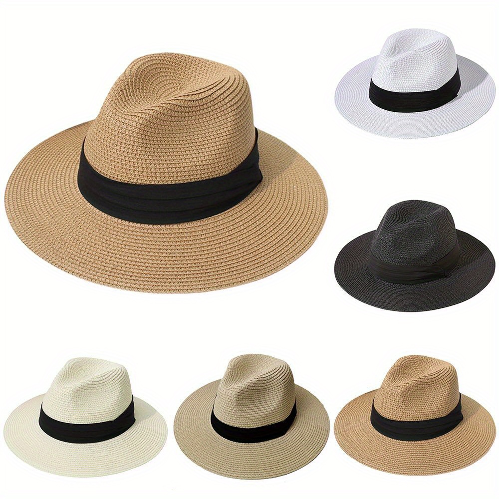 Beige Mature Foldable Hat, Men's Up Short Brim Panama Beach Fedora Straw Hat for Men,Temu