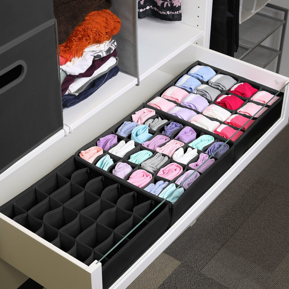 3 paquetes de organizador de calcetines de ropa interior para cajón,  organizador de armario plegable de 64 celdas para almacenar calcetines,  pañuelos, corbatas, cinturones (24+24+16 celdas, gris)
