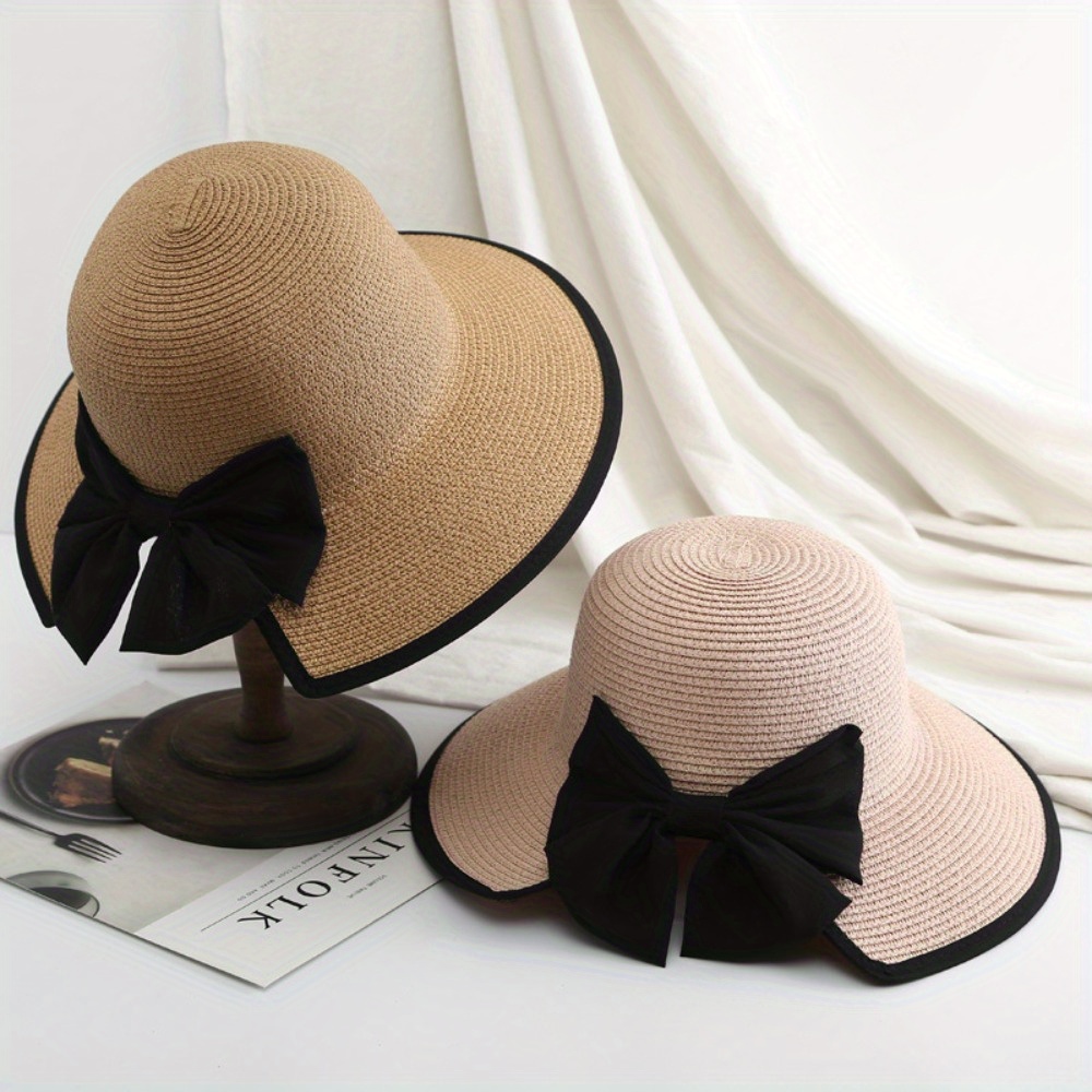 Trendy Black Bowknot Straw Hat Classic Solid Color Sun Hats - Temu Belgium