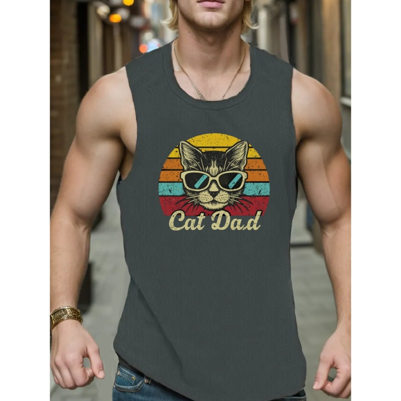 

Cat Dad Print Sleeveless Tank Top, Men's Active Undershirts For Workout At The Gym