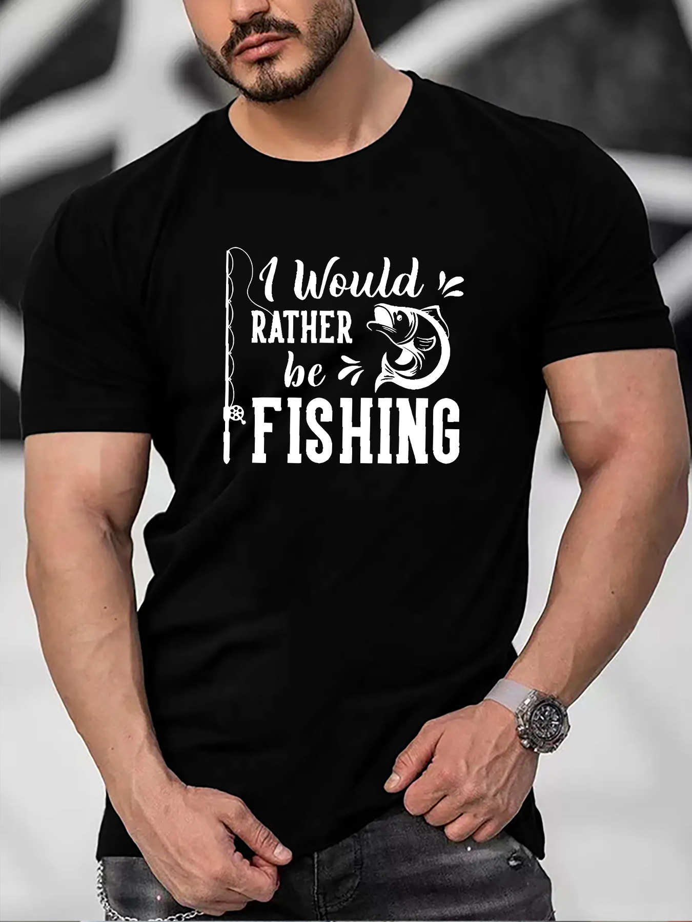 Print Crew Neck Short Sleeve T-Shirt, Men's Slight Stretch Casual Summer Funny Fishing Letter Pattern Comfy Graphic Tee Outdoor Clothes Clothing