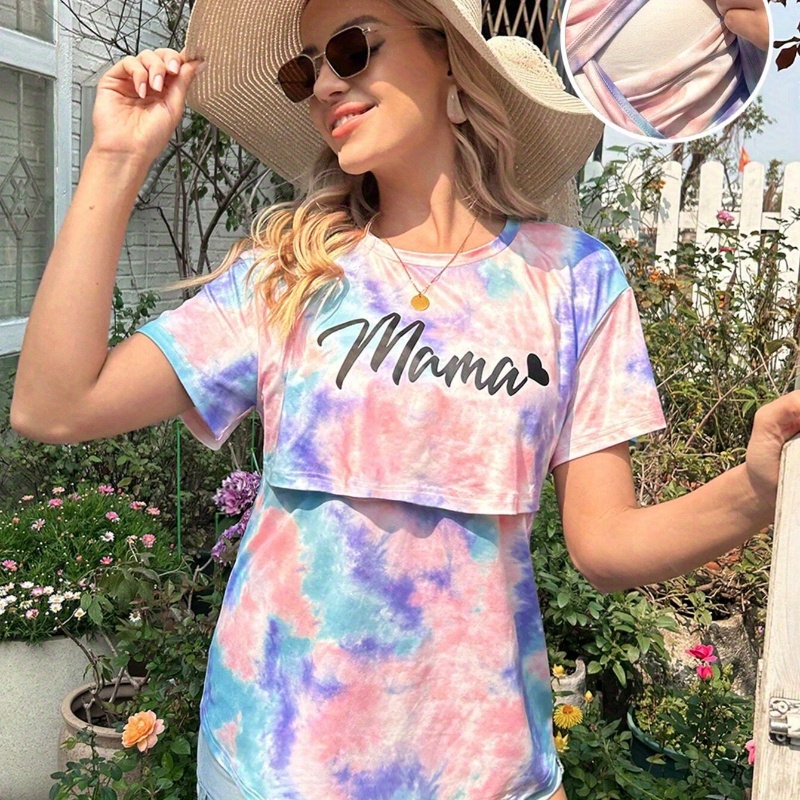 

Women's Maternity Tie Dye "mama" Graphic Print T-shirt For Summer, Trendy Casual Breast Feeding Tees