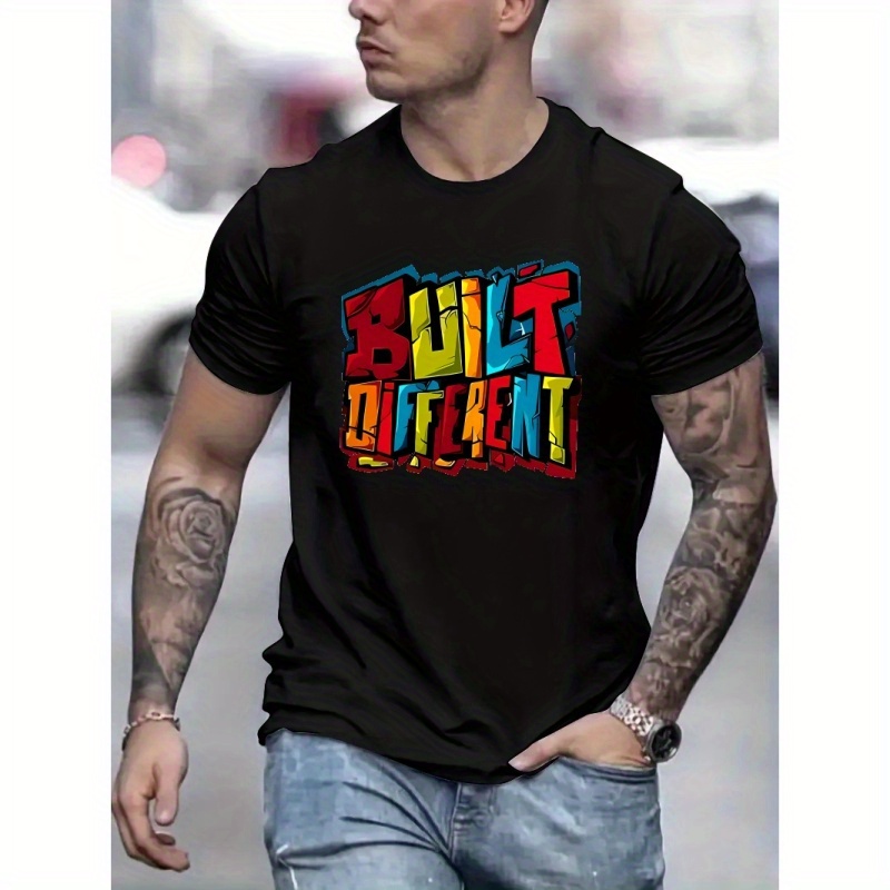 

Colorful Letters Different Print Men's Trendy T-shirts, Casual Graphic Tee, Short Sleeve Round Neck Tops, Men's Spring Summer Clothes Outfits, Men's Clothing