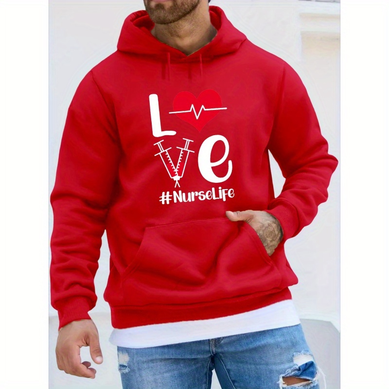 

Love Hearts Print Men's Pullover Round Neck Long Sleeve Hooded Sweatshirt Pattern Loose Casual Top For Autumn Winter Men's Clothing As Gifts