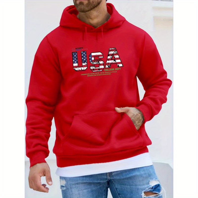 

Usa Print Kangaroo Pocket Hoodie, Casual Long Sleeve Hoodies Pullover Sweatshirt, Men's Clothing, For Fall Winter