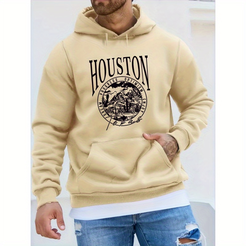 

Houston Print Kangaroo Pocket Hoodie, Casual Long Sleeve Hoodies Pullover Sweatshirt, Men's Clothing, For Fall Winter