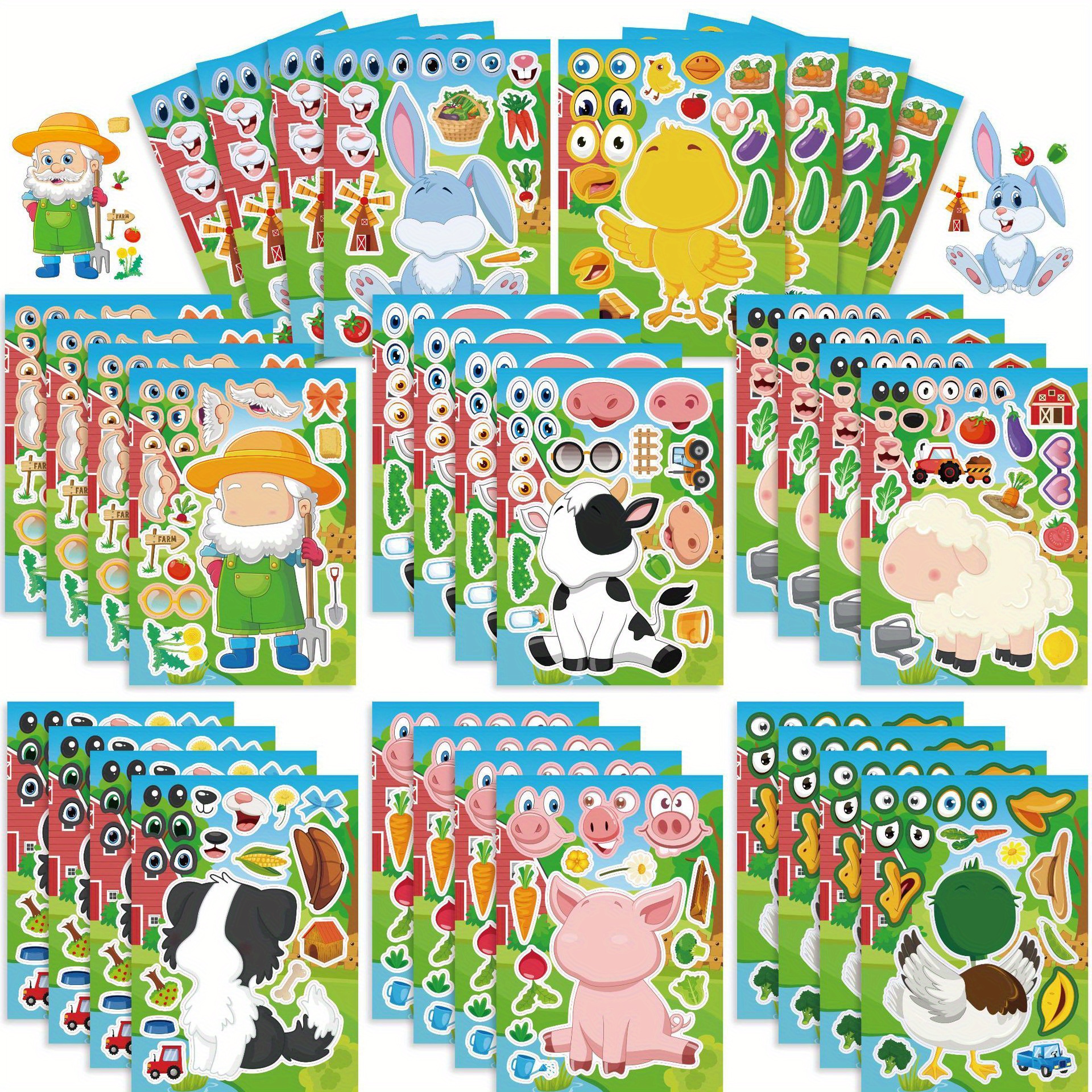 

16 Sheets Farmer Lamb Cow Rabbit Dog Chicken Animal Stickers, Cute Diy Face Stickers, Scrapbook Stickers