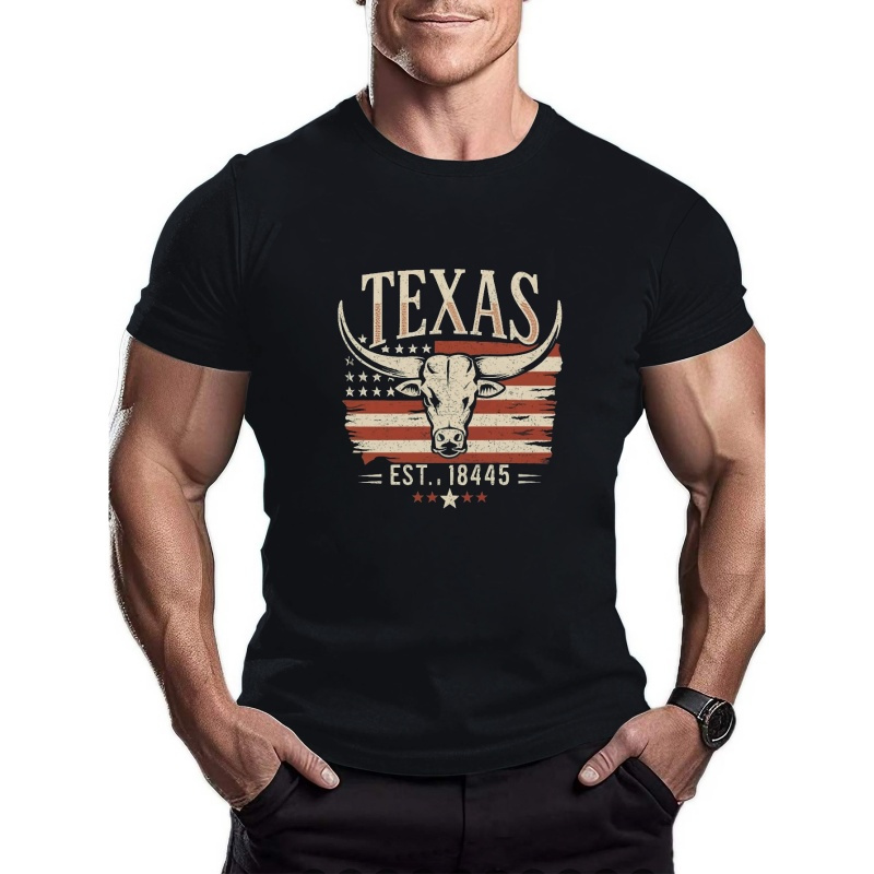 

Texas Print Men's Short Sleeve T-shirts, Comfy Casual Breathable Tops For Men's Fitness Training, Jogging, Outdoor Activities