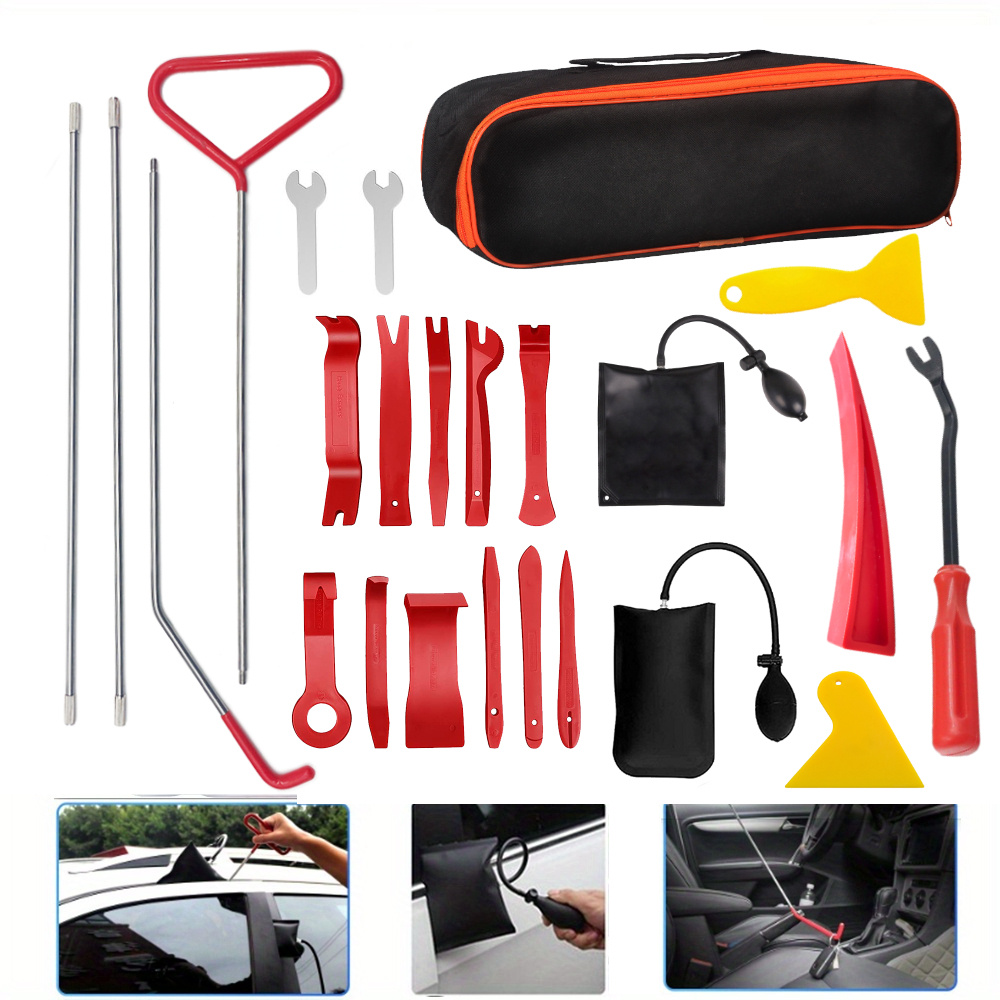 Car Tool Kit, 28PCS Professional Automotive Unlock Tools with Air Wedge,  Non Marring Wedge, Stainless Steel Long Reach Grabber Tool, Emergency